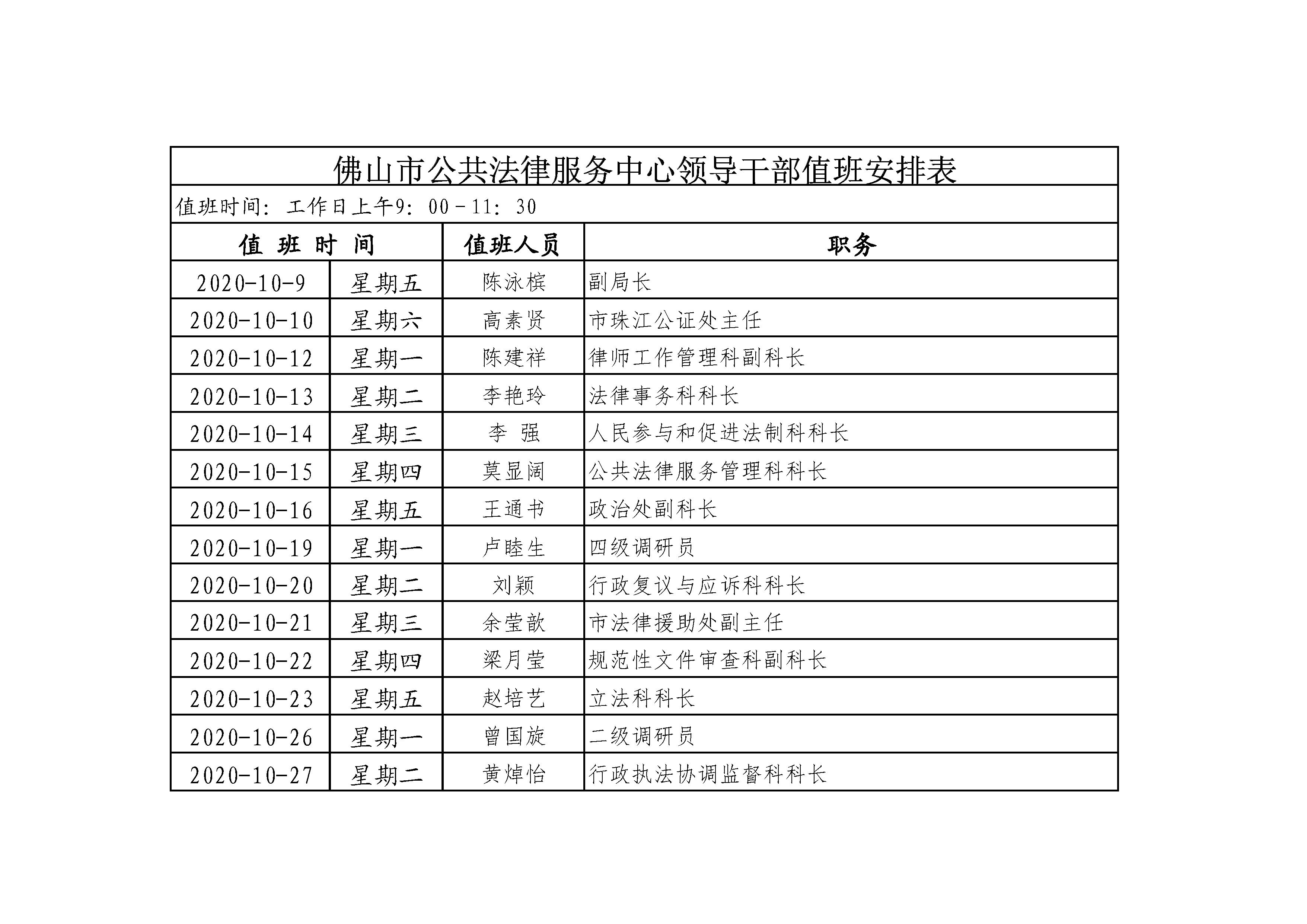 （2020年10月）佛山市公共法律服务中心领导干部值班安排表 - 0001.jpg